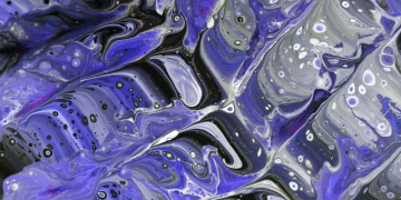Swirling purple and black abstract fluid art design with intricate patterns and textures.