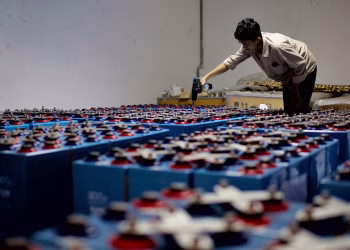 A worker checking many industrial batteries inside a facility. Indoor, industrial setting.
