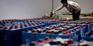 A worker checking many industrial batteries inside a facility. Indoor, industrial setting.