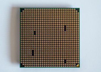Detailed view of a computer processor, showcasing its pins, against a clean white backdrop.