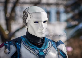 Close-up of a futuristic humanoid robot with metallic armor and blue LED eyes.