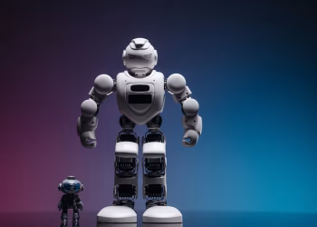 Close-up shot of two white robots displayed on a colorful gradient background symbolizing innovation in robotics.