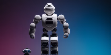Close-up shot of two white robots displayed on a colorful gradient background symbolizing innovation in robotics.
