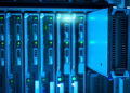 Detailed view of a server rack with a focus on technology and data storage.