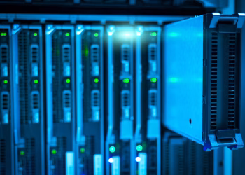 Detailed view of a server rack with a focus on technology and data storage.