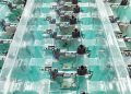 Detailed view of organized electronic circuit boards in a production setting.