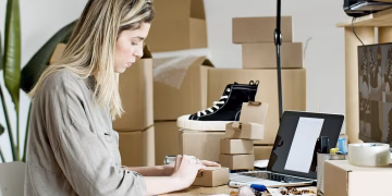 A woman packing boxes for her online store, surrounded by packaging materials and a laptop.
