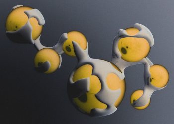 Abstract yellow spheres connected by white organic shapes