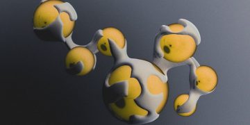 Abstract yellow spheres connected by white organic shapes