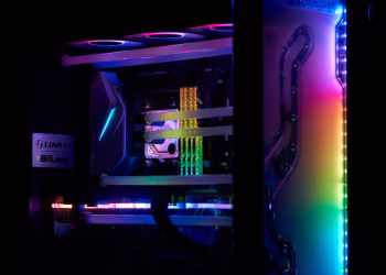 A high-performance gaming PC with vibrant RGB lighting and visible internal components.