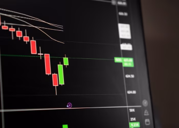 Candlestick chart showing a downward trend in the stock market analysis.