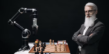 A robotic arm and a bearded man engaged in a strategic chess game highlighting technology and innovation.
