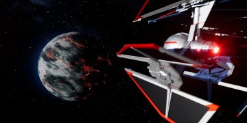 Spaceship approaching a fiery planet in space
