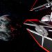 Spaceship approaching a fiery planet in space