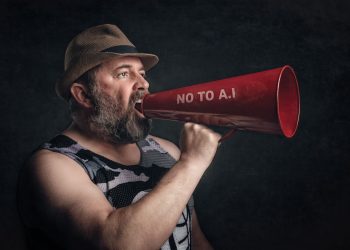 Bearded man shouting through a red megaphone with 'No to A.I' message.