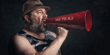 Bearded man shouting through a red megaphone with 'No to A.I' message.