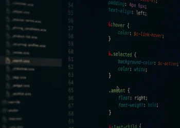 Close-up of colorful CSS code lines on a computer screen for web development.