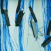 Close-up of blue ethernet cables hanging in a data center, highlighting technology connections.