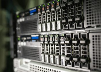 Close-up of server equipment in a modern data center highlighting technology infrastructure.