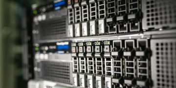 Close-up of server equipment in a modern data center highlighting technology infrastructure.