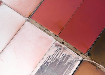 Vibrant aerial view of geometric salt ponds in varied red and pink hues.