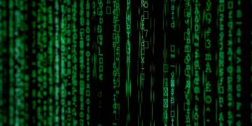 Abstract green matrix code background with binary style.