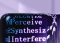 Futuristic abstract artwork showcasing AI concepts with digital text overlays.