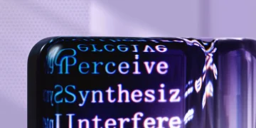 Futuristic abstract artwork showcasing AI concepts with digital text overlays.