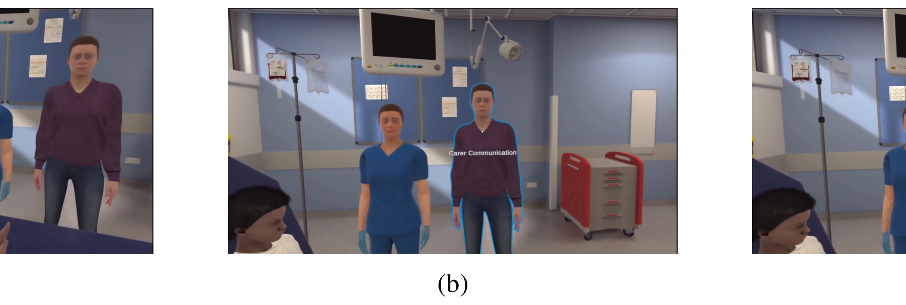 VR 소아 OSCE 화면에서 가상 배우 선택과 행동 메뉴를 보여주는 세 장면