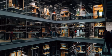 An intriguing view of a modern art museum interior with multiple floors and visitors observing exhibits.