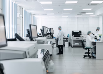 Scientists conducting research in a state-of-the-art laboratory with advanced equipment.
