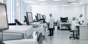 Scientists conducting research in a state-of-the-art laboratory with advanced equipment.