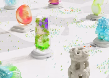 Vibrant futuristic 3D render featuring abstract shapes and AI themes.