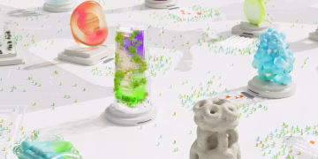 Vibrant futuristic 3D render featuring abstract shapes and AI themes.