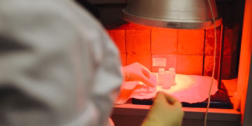 A scientist carefully handles samples in a lab under infrared light, reflecting precision and safety.