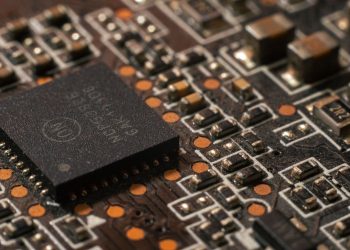 Detailed close-up of a computer circuit board showcasing electronic components.