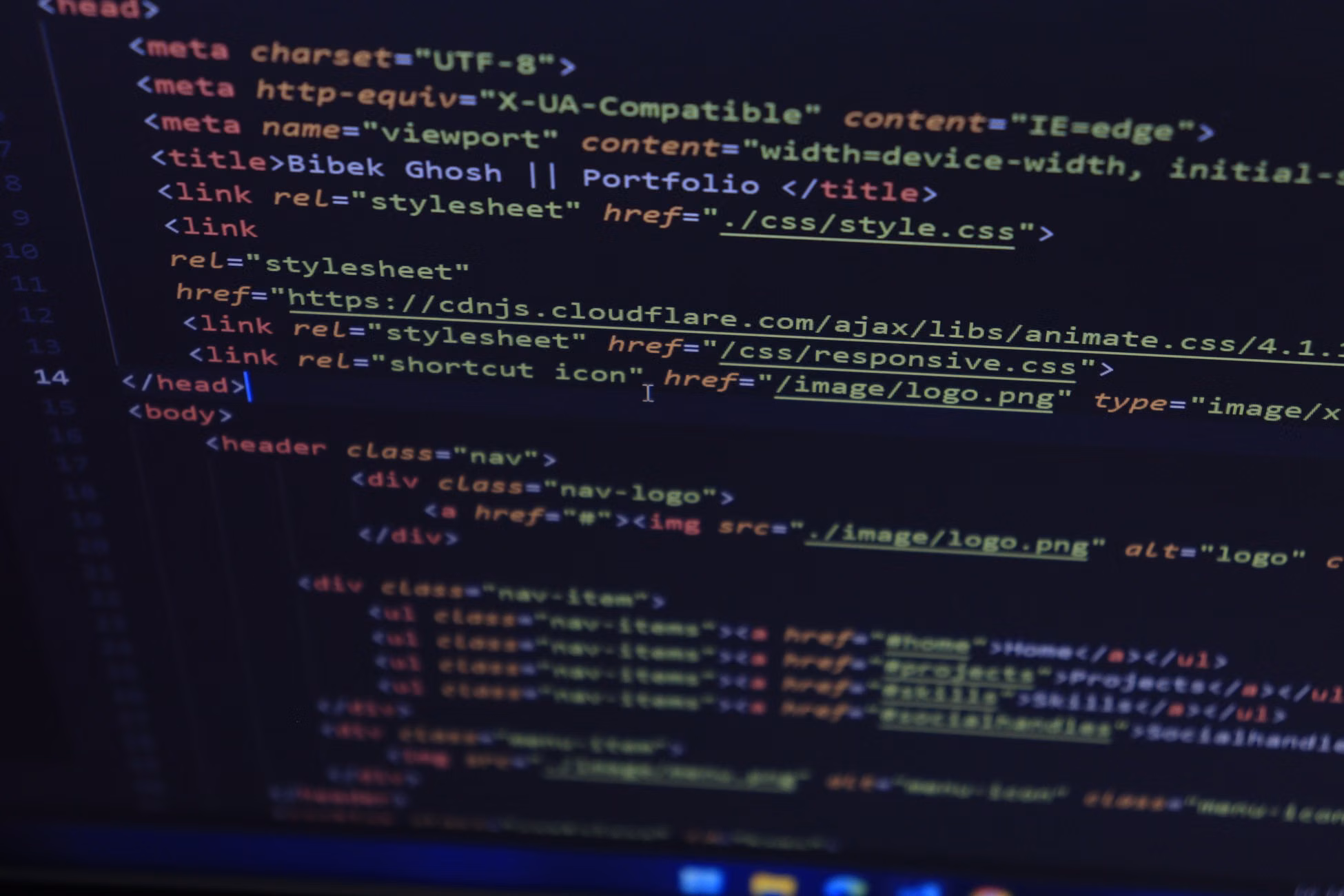 Close-up of HTML and CSS code displayed on a computer screen, ideal for tech and programming themes.