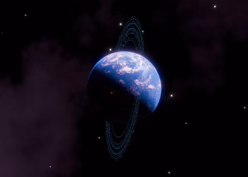 Digital depiction of the Earth with Saturn-like rings against a starry cosmic backdrop.
