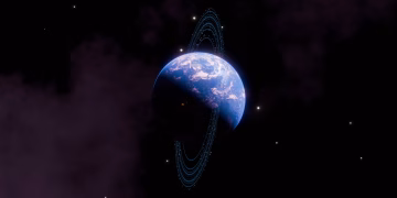 Digital depiction of the Earth with Saturn-like rings against a starry cosmic backdrop.