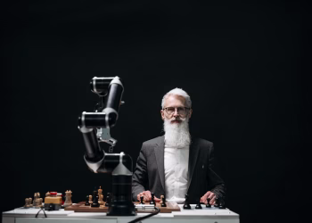A bearded man in suit playing chess with robotic arm, showcasing AI strategy.