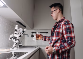 An Asian man shares a joyful moment at the kitchen counter with a dancing robot, holding a drink.