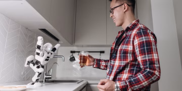 An Asian man shares a joyful moment at the kitchen counter with a dancing robot, holding a drink.