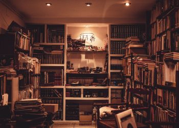 A warmly lit home library filled with a diverse collection of books and a cozy atmosphere.