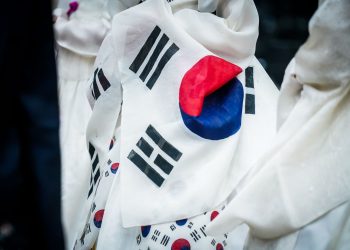 A detailed close-up of the wrinkled South Korean flag on fab