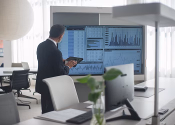 Professional in suit analyzing financial data on screens in a modern office setting.