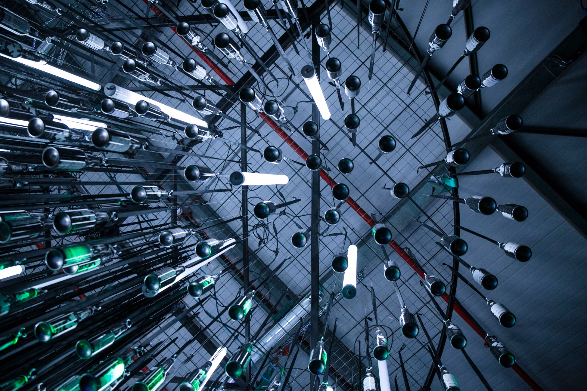 Dynamic low-angle shot capturing hanging fluorescent lights in an industrial setting.