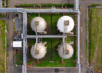 Aerial view of large industrial storage tanks in Banten, Indonesia, showcasing infrastructure and industry.