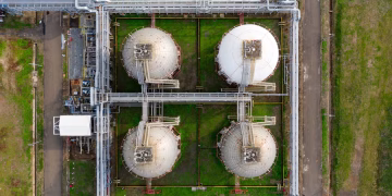 Aerial view of large industrial storage tanks in Banten, Indonesia, showcasing infrastructure and industry.