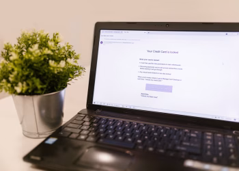 A close-up of a laptop screen showing a credit card security notification next to a potted plant.