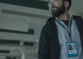 Male software engineer with glasses and name badge in a contemporary office interior.